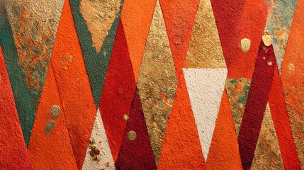 Sunset orange background with golden foil stripes and irregular triangle patterns. A grainy, modern, luxurious texture perfect for stylish abstract designs.