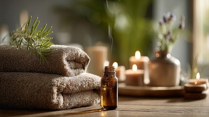 Serene spa experience with a person receiving a soothing massage on a comfortable table, illuminated by soft candlelight and surrounded by essential oils, creating a tranquil and relaxing atmosphere.