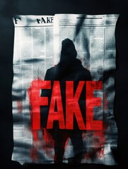Hooded man hiding behind fake news newspaper
