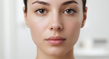 Fototapeta premium Woman with Glittery Face and Eyebrows in a Minimalist Studio Setting Demonstrating Beauty and Skincare