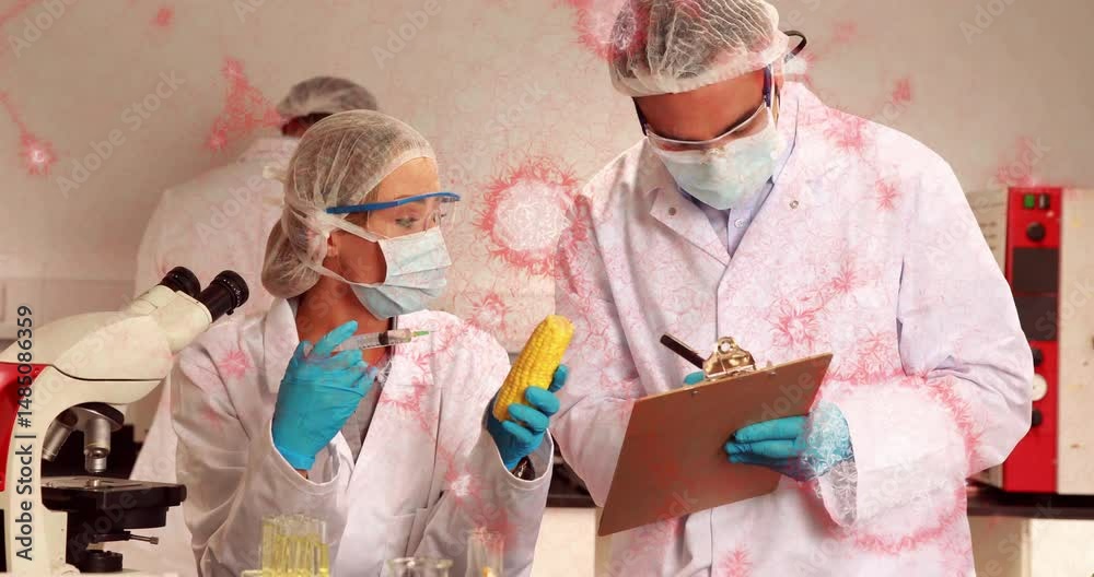Poster Scientists injecting corn cob with syringe and noting clipboard in lab with virus graphics