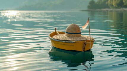 Obraz premium Overhead view of a small round yellow boat with a straw hat-like covering floating on teal water