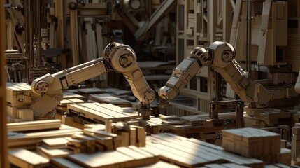 Wooden Robotic Arms Working in a Futuristic Factory