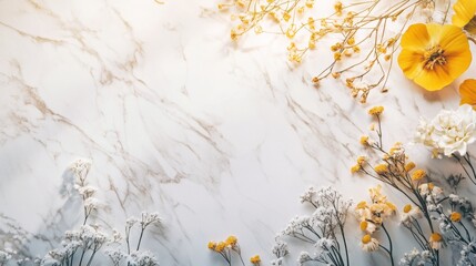 Elegant marble background with white and gold floral arrangement for luxury minimalist photography visual scene