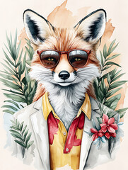 Fox portrait with sunglasses and floral shirt surrounded by tropical foliage in a watercolor style.