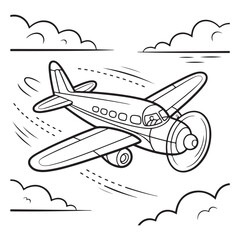 One-Line Drawing of Airplane. Outline of Vintage Airplane Flying Through Clouds.