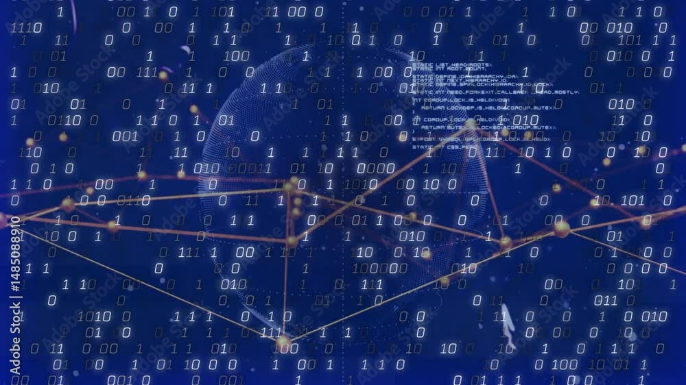 Poster dotted wireframe globe being animated over blue backdrop, with glowing nodes linking binary digits