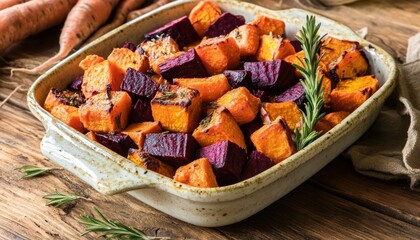 Roasted beetroot and pumpkin cubes with rosemary in ceramic baking dish