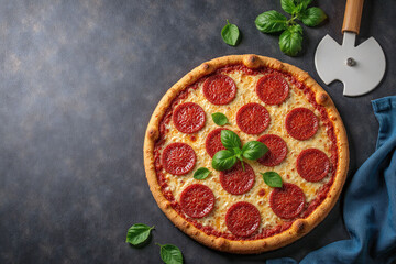 pepperoni pizza on a cutting board with a knife