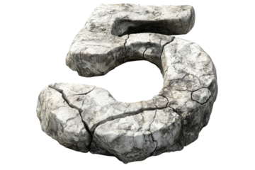 Cracked Stone Number Five Aged Texture Rock Font 3D Render Isolated on transparent background