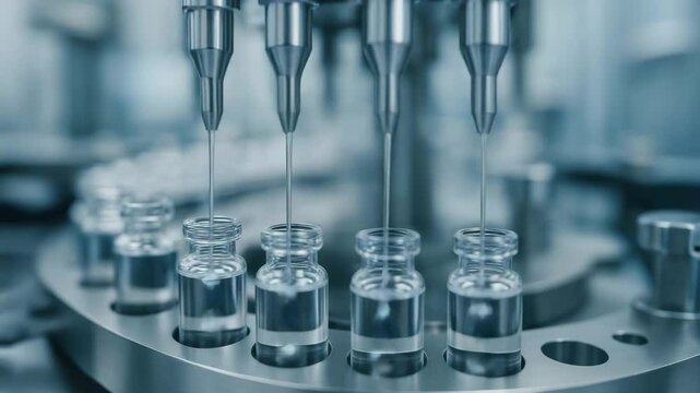 Vaccine production facility filling glass vials with liquid using automated filling machine in sterile environment ensuring safety and precision