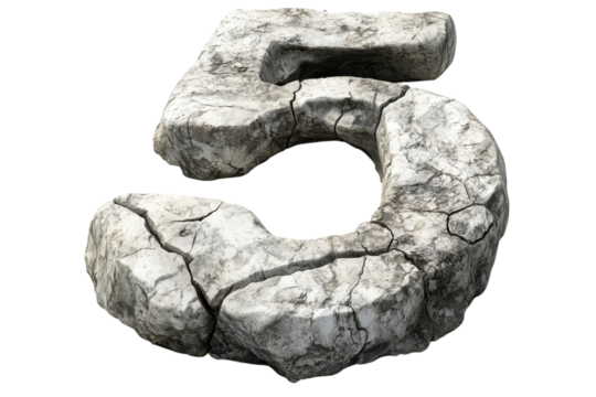 Cracked Stone Number Five Aged Texture Rock Font 3D Render Isolated on transparent background