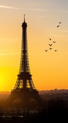 Naklejka premium Eiffel tower silhouette at sunset with birds flying over paris