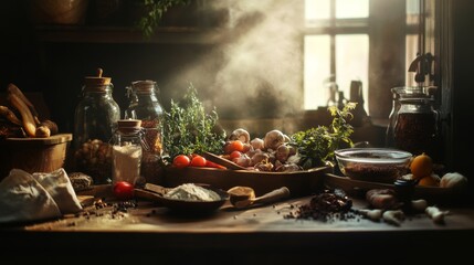 Fototapeta premium Rustic kitchen with spices and herbs illuminated by morning light for cooking concept food preparation lifestyle atmosphere