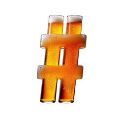 Hashtag sign # shaped like a glass of refreshing lager beer with foam, isolated on transparent background. Fresh pilsner beer in a glass with frothy head.