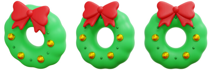 Set of Green Christmas Wreaths with Red Bows and Gold Bells 3d Render Icon Illustration
