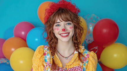 Obraz premium Woman Dressed as a Clown with Balloons