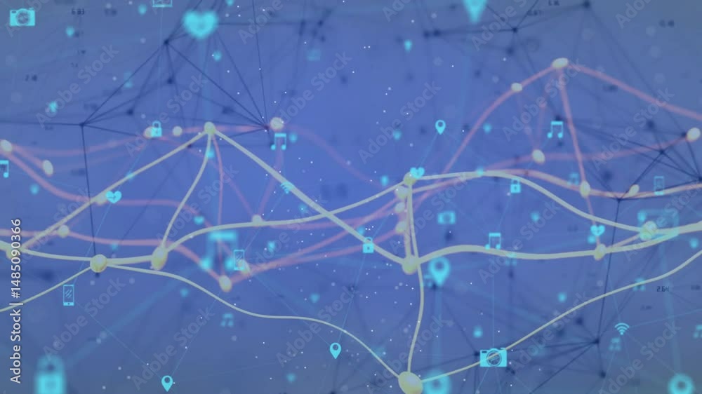 Poster abstract network of glowing lines and nodes forming digital space, displaying floating icons