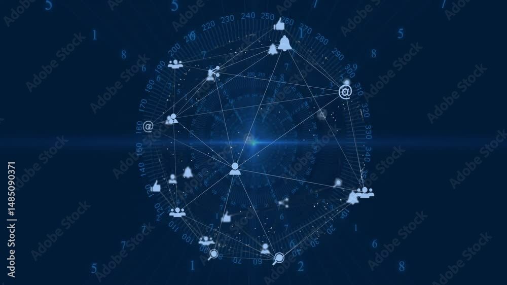 Poster network graph displaying interconnected social icons on dark blue circular numeric grid flat design
