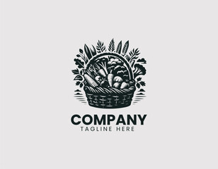Obraz premium Simple Harvest Basket Filled with Various Vegetables Vector Logo Design, Minimalist Harvest Basket Assorted Vegetables Vector Logo