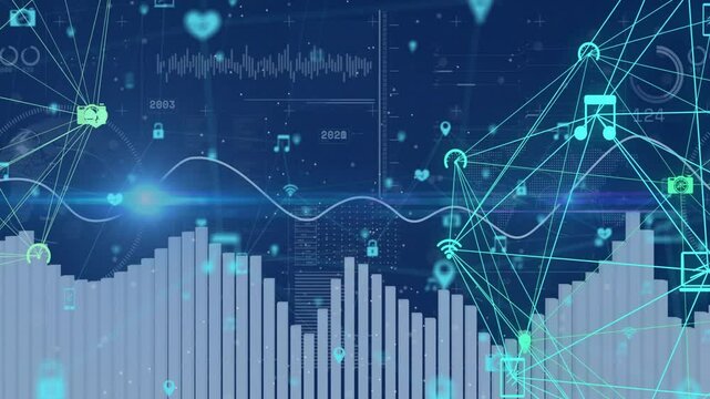 Central data signal moving along glowing sine wave, weaving through bar charts and network mesh