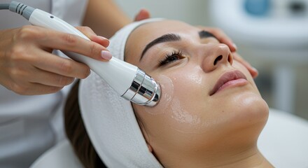 Woman Receives Facial Treatment with Handheld Device in a Clinical Spa with Diffused Lighting for Beauty and Skincare