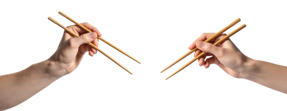 Minimalist Food Theme Hand with Wooden Chopsticks, Isolated on White PNG