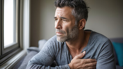 Fototapeta premium Mature man suffering chest pain while looking out the window