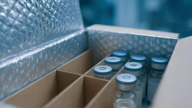 Vaccine vials packed in protective box with secure packaging at production facility for safe medical transport and storage ensuring quality