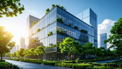 Fototapeta premium Ecofriendly building in the modern city Sustainable glass office building with trees for reducing heat and carbon dioxide Office building with green environment Corporate building redu