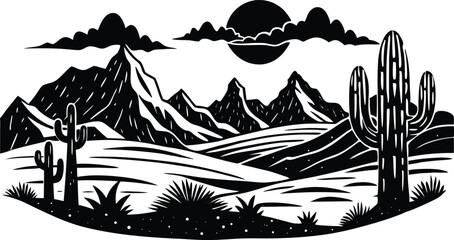 Desert landscape silhouette, minimalist sunset scene with mountains and cactus, vector illustration for nature background or western theme design