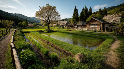 田植えが終わった田んぼと、古民家。Generative AI