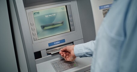 Cash Machine: Unrecognizable Man Entering PIN Code on Keypad, Choosing Withdrawal Money Operation, Entering Amount and Taking US Dollars from ATM Machine. Banking System and Transactions. Close Up.