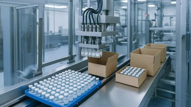 Vaccine production facility with automated machinery packing glass vials into boxes using efficient conveyor system for safe and clean packing
