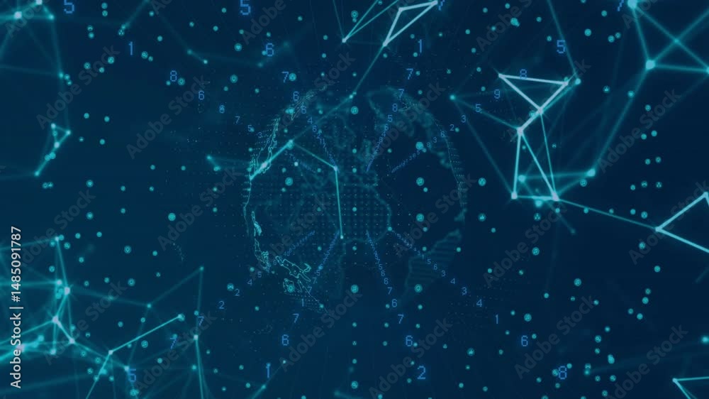 Poster central data globe glowing and rotating in flat design network scene, with mesh nodes and digits