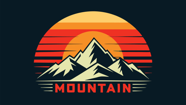 Vintage mountain landscape with sunset silhouette, retro poster design template, outdoor adventure scene, vector illustration