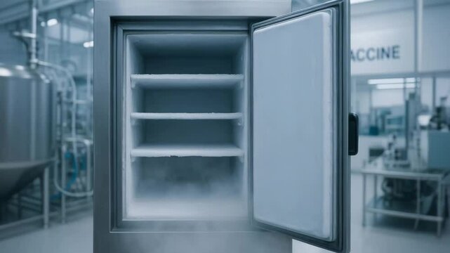 Frozen storage freezer with fog in vaccine production facility ensures cold storage and safety in sterile laboratory environment