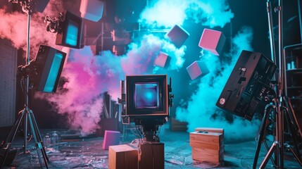 Film studio colorful set with smoke lights and monitors for creative production cinematic entertainment television art visual concept