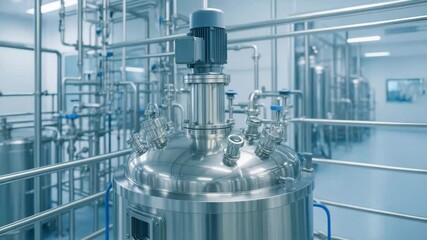 Vaccine production facility with stainless steel industrial equipment and pipes clean environment ensuring safe and efficient pharmaceutical