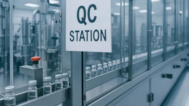 Vaccine production facility with quality control station and glass vials conveyor belt ensuring safety and efficiency pharmaceutical manufacturing