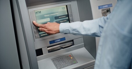 ATM User Entering PIN Code on Keypad, Choosing Cash Withdrawal Transaction, Entering Amount and Taking Money from Cash Dispenser. Automated Teller Machine, Banking System and Operations. Close Up.