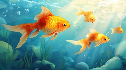 Naklejka premium Playful illustration of goldfish swimming gracefully in a vibrant underwater aquatic scene