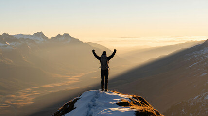 Person standing on a mountain peak in a victory pose