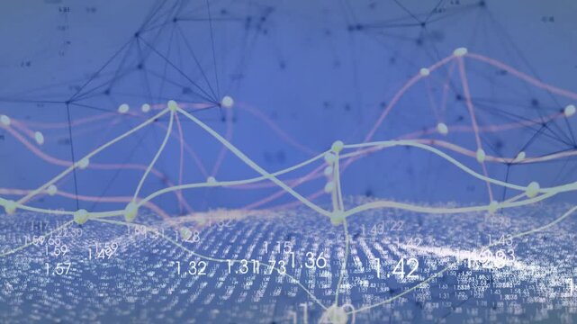 Digital network showing glowing nodes linking by curved lines over numeric grid, 3D render