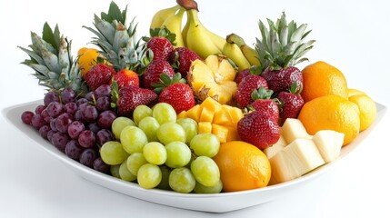 Colorful fruit platter with strawberries, grapes, pineapple, bananas, oranges, and mango.