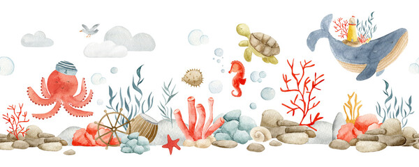 Obraz premium Watercolor Underwater Seamless Border with Cute Sea Animals - corals, whale, turtle, octopus and seahorse – Transparent Background