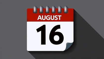 Illustration of paper calendar with date 16 August. Day and month for birthday, anniversary or appointment