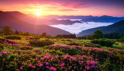 Pink sunrise over a valley with beautiful flowers and thick fog