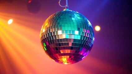 Obraz premium The glittering disco ball reflects light, creating bright beams. Ideal decoration for parties, dance floors and clubs. An atmospheric element of nightlife and entertainment.