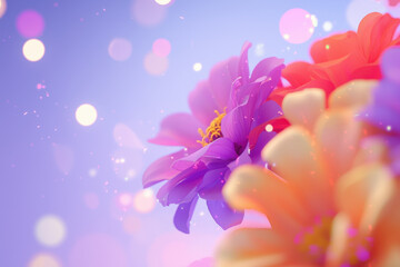 Fototapeta premium Vibrant cluster of zinnia flowers in various colors, creating cheerful and lively atmosphere with soft bokeh background